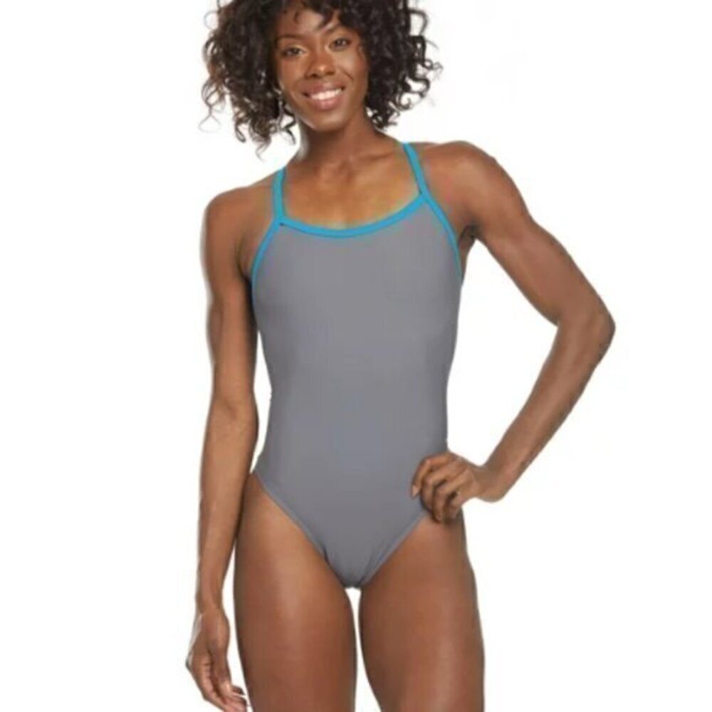 Sporti Swimsuit womens small Solid Piped Thin Strap One Piece Grey/Turquoise